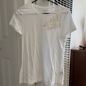 L.L. Bean Women's White Tee with Beige Floral Design